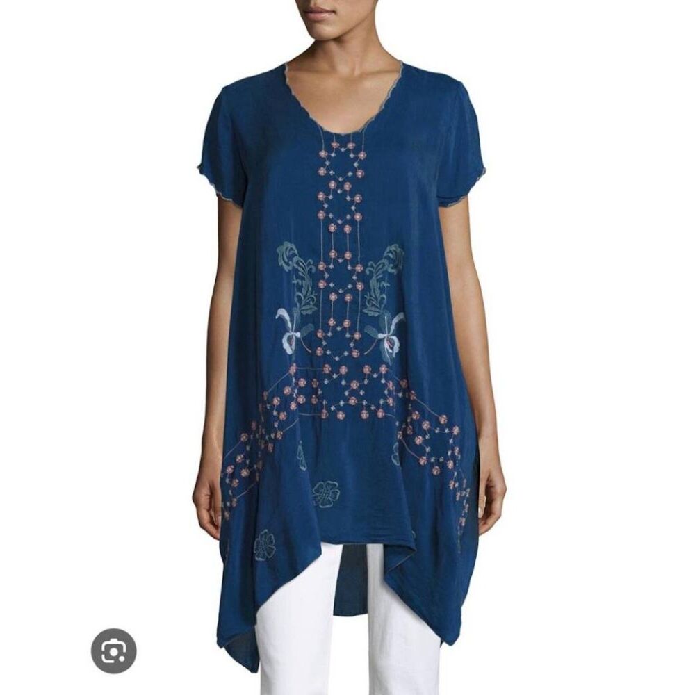Johnny Was Blouse PS Blue Willamy Embroidered Georgette Handkerchief Hem Tunic